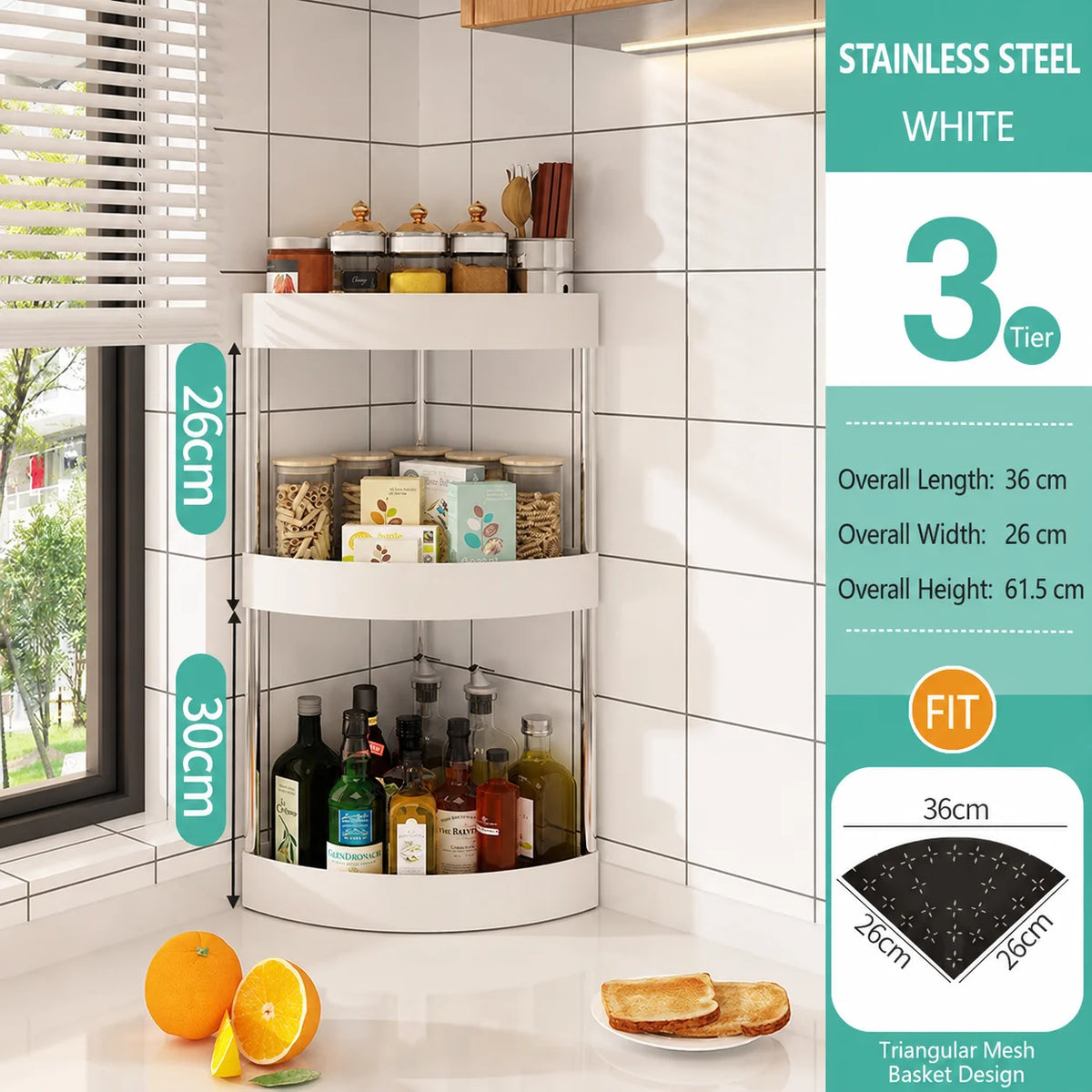 3-Tier Corner Spice Rack – Triangle Countertop Organizer for Kitchen & Pantry