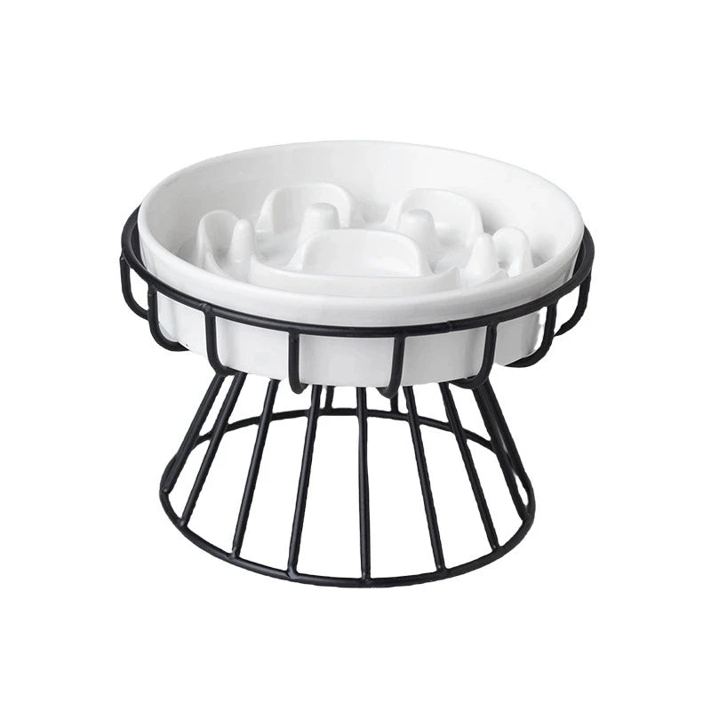 Elevated Ceramic Slow Feeder Bowl with Iron Stand – Anti-Choking Maze Design for Dogs & Cats