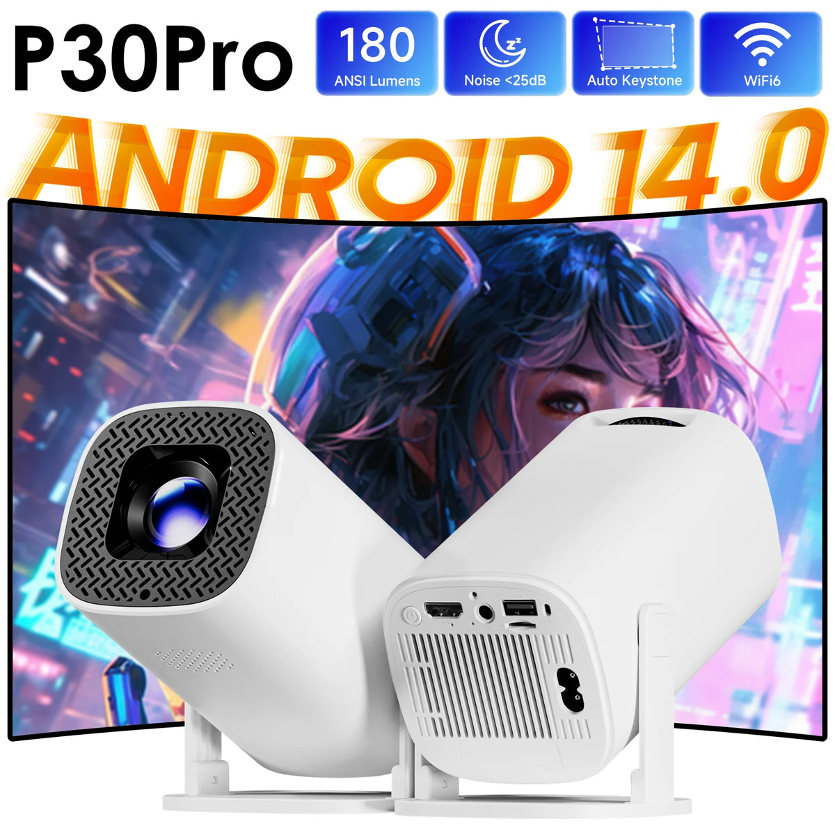Smart Mini Projector – Android 14, WiFi 6 & Bluetooth 5.0, Portable Home Theater