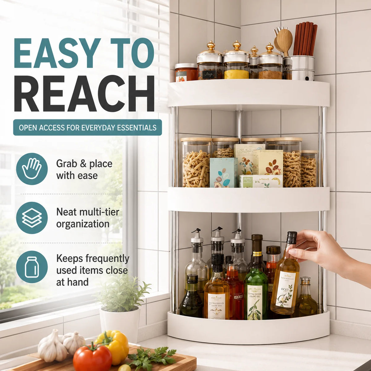 3-Tier Corner Spice Rack – Triangle Countertop Organizer for Kitchen & Pantry