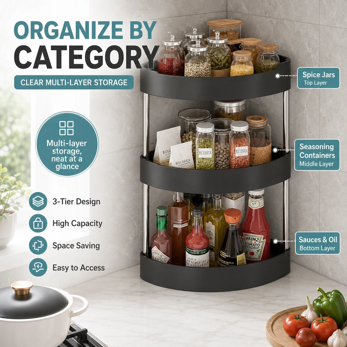 3-Tier Corner Spice Rack – Triangle Countertop Organizer for Kitchen & Pantry