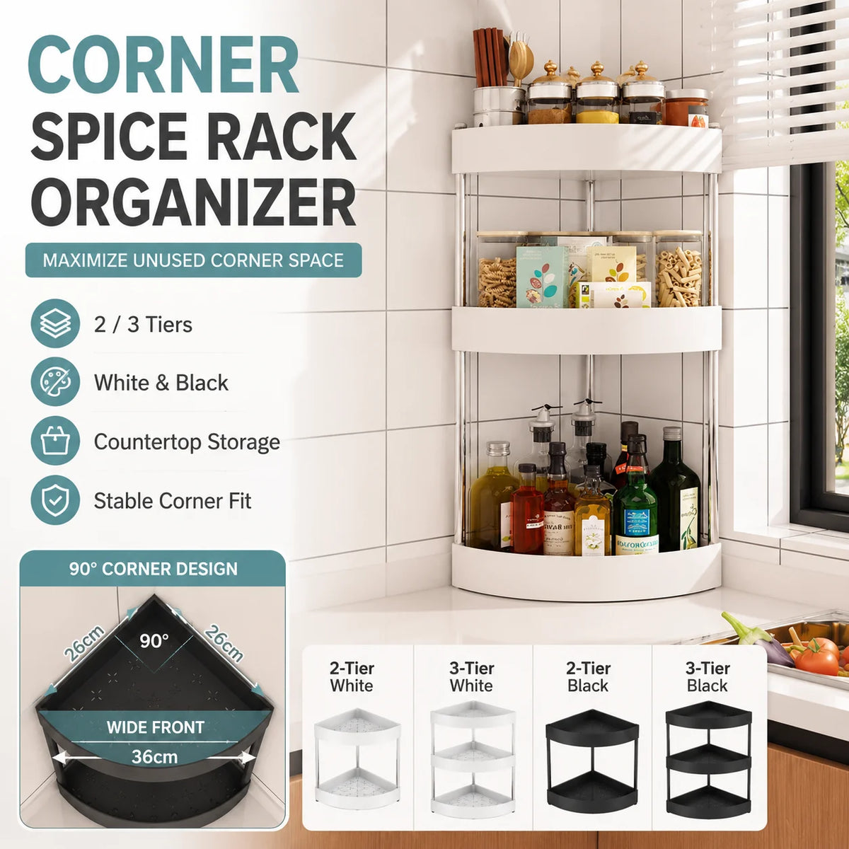 3-Tier Corner Spice Rack – Triangle Countertop Organizer for Kitchen & Pantry