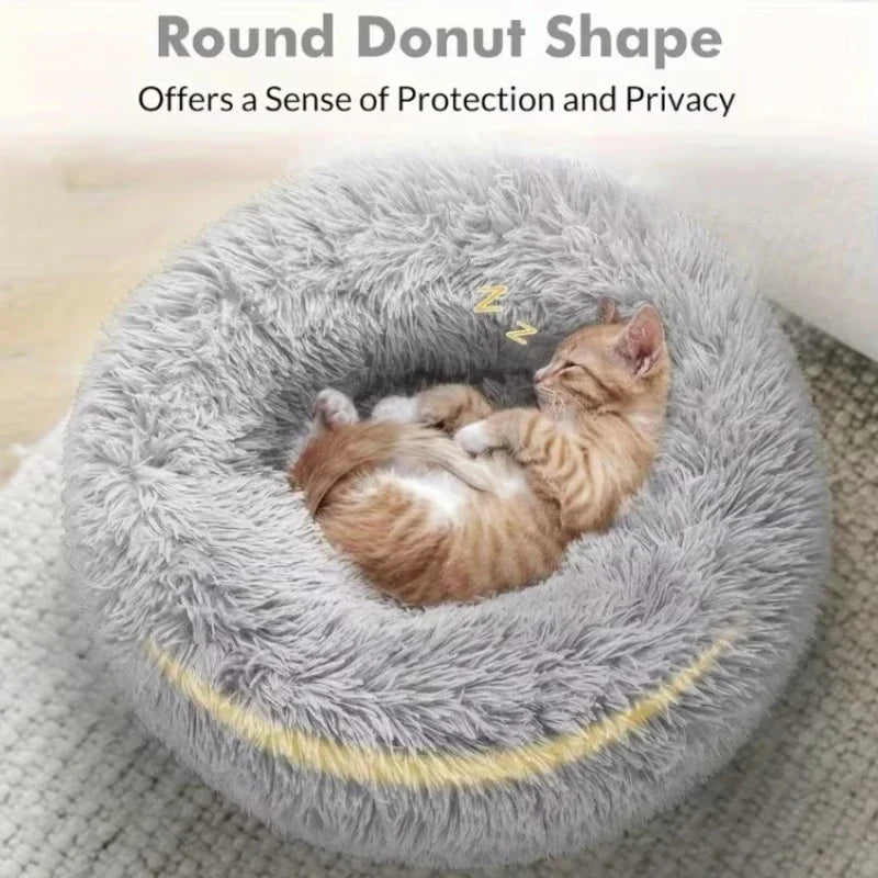 Round Plush Pet Bed – Soft Faux Fur Donut Bed for Cats & Dogs with Non-Slip Base