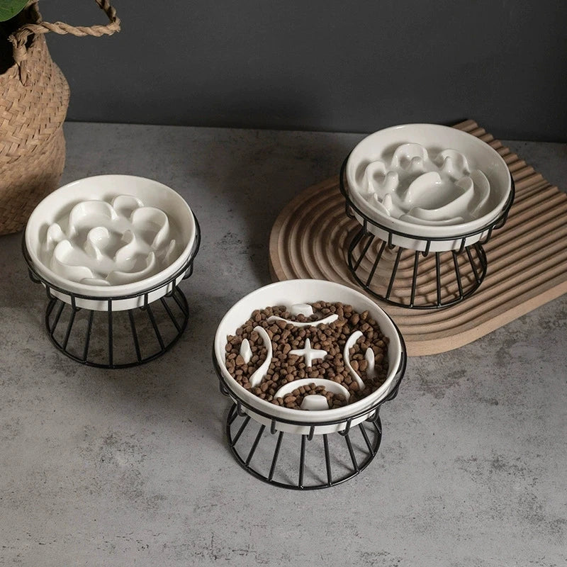 Elevated Ceramic Slow Feeder Bowl with Iron Stand – Anti-Choking Maze Design for Dogs & Cats