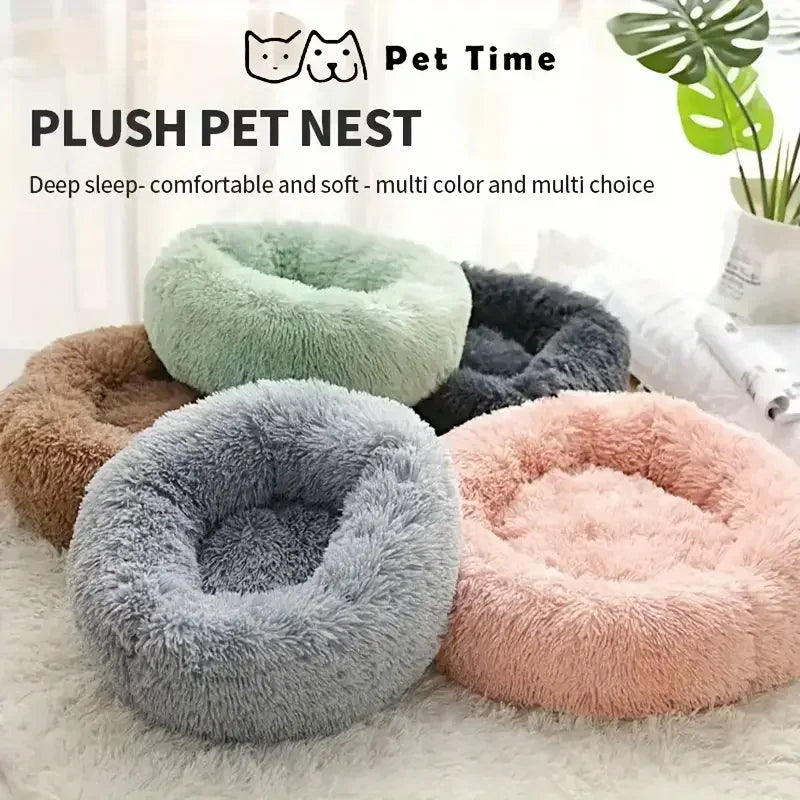 Round Plush Pet Bed – Soft Faux Fur Donut Bed for Cats & Dogs with Non-Slip Base