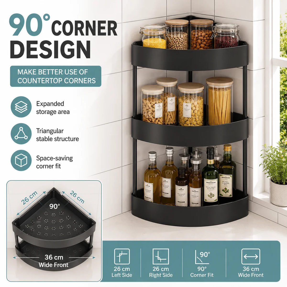 3-Tier Corner Spice Rack – Triangle Countertop Organizer for Kitchen & Pantry