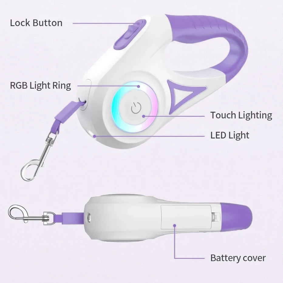 LED Retractable Dog Leash with Light – 3 m or 5 m for Small to Large Dogs & Cats