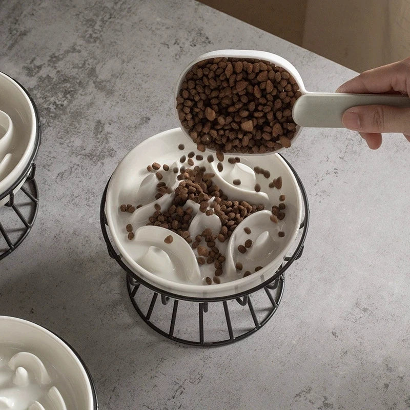 Elevated Ceramic Slow Feeder Bowl with Iron Stand – Anti-Choking Maze Design for Dogs & Cats
