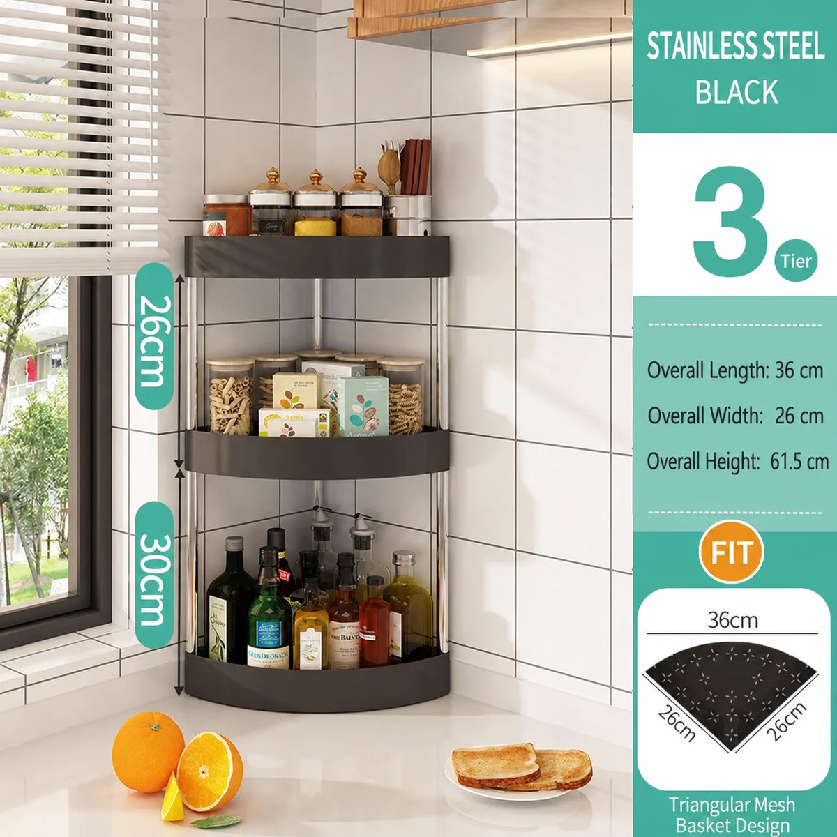 3-Tier Corner Spice Rack – Triangle Countertop Organizer for Kitchen & Pantry