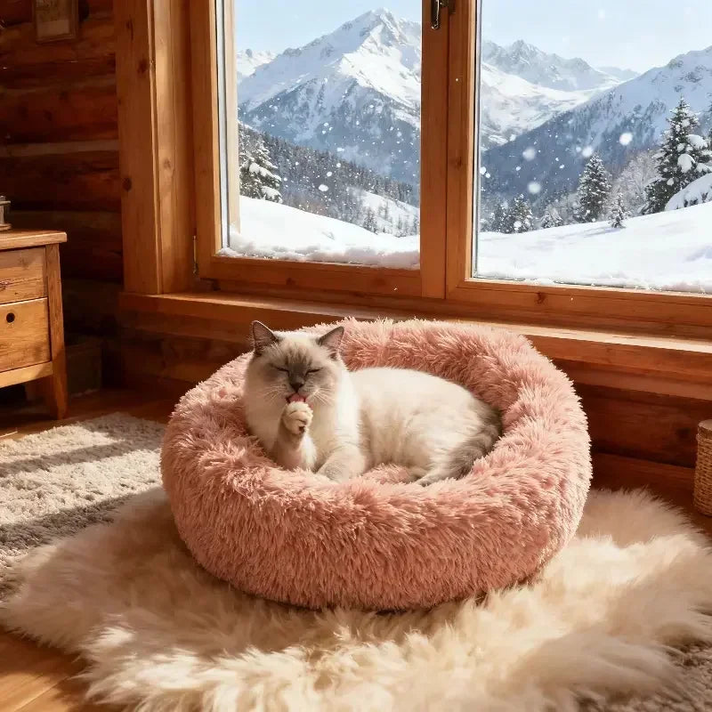 Round Plush Pet Bed – Soft Faux Fur Donut Bed for Cats & Dogs with Non-Slip Base