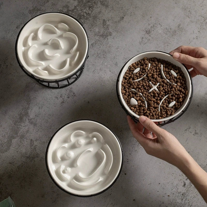 Elevated Ceramic Slow Feeder Bowl with Iron Stand – Anti-Choking Maze Design for Dogs & Cats