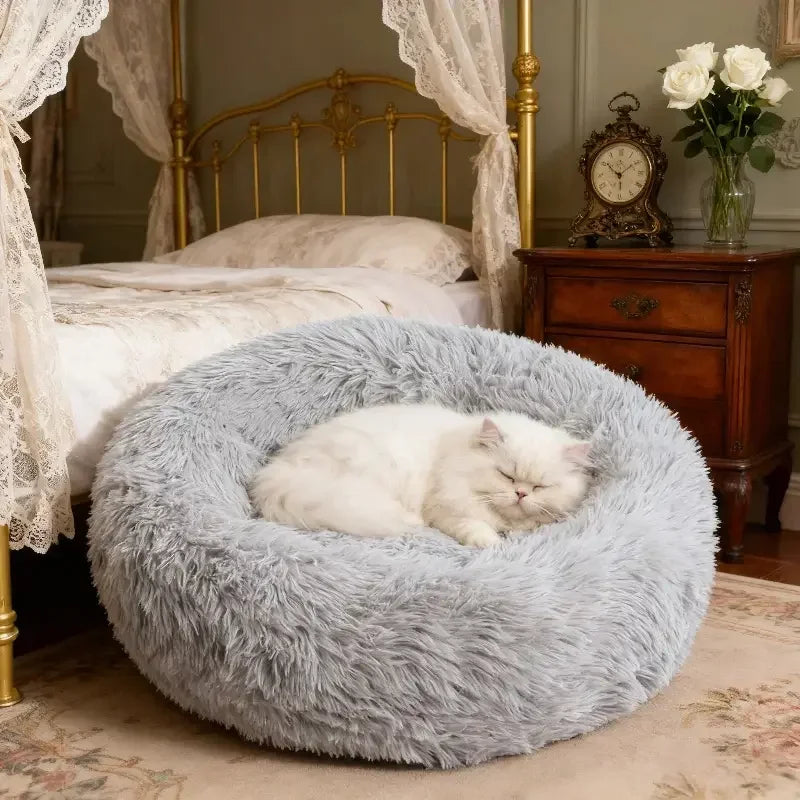 Round Plush Pet Bed – Soft Faux Fur Donut Bed for Cats & Dogs with Non-Slip Base